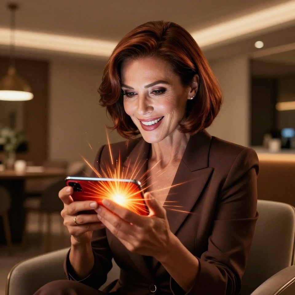 Женщина с телефоном находит промокод Фонбет для получения бонуса